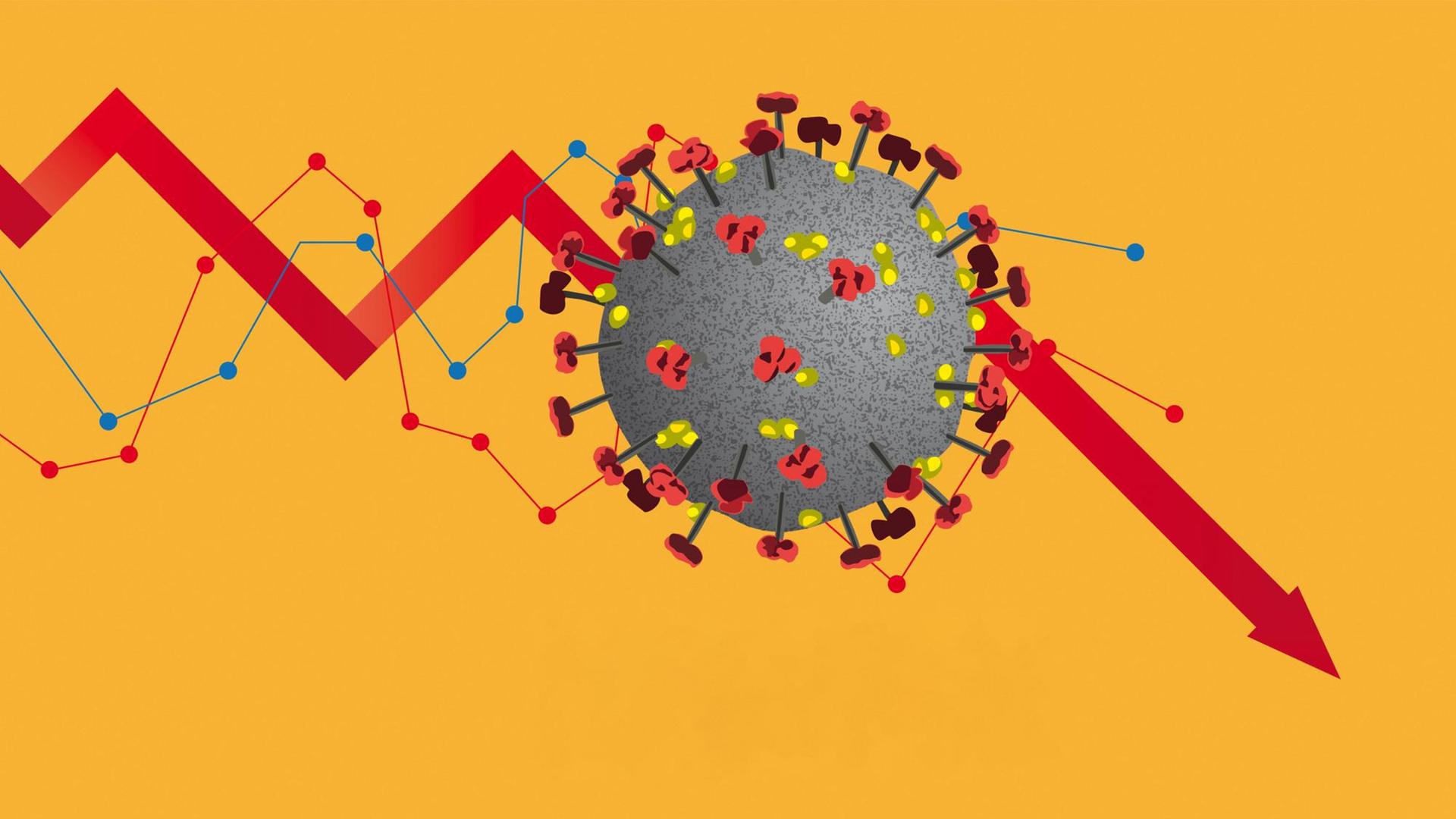 Ein Coronavirus, der von einer abwärts gerichteten Finanzkurve durchdrungen wird. (Illustration) Ein Coronavirus, der von einer abwärts gerichteten Finanzkurve durchdrungen wird. (Illustration)
