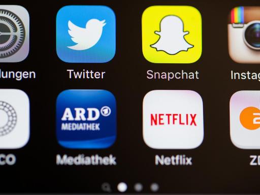 Ansicht eines Smartphone-Bildschirms mit den Apps "Einstellungen", Twitter, Snapchat, Instagram, VSCO, ARD-Mediathek, Netflix und ZDF