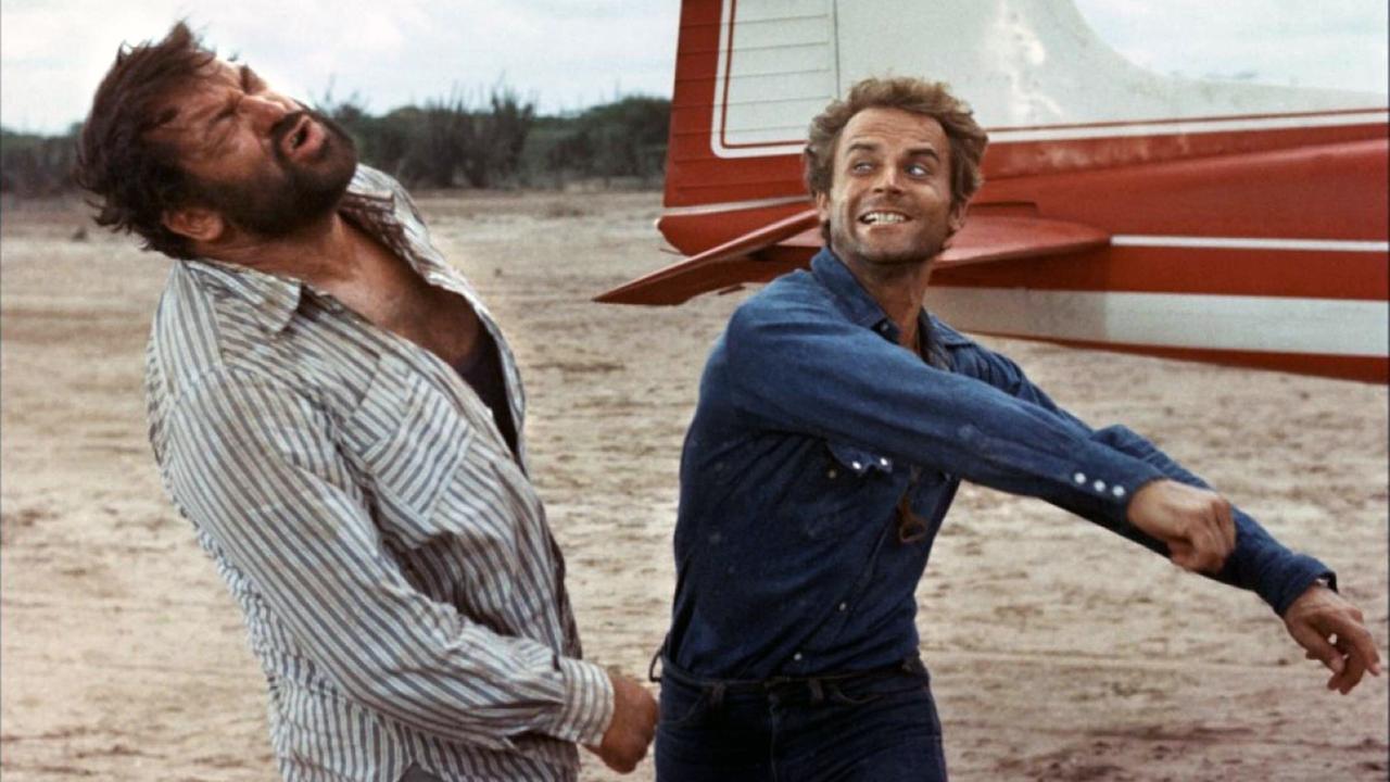 Bud Spencer (l.) und Terence Hill bei den Dreharbeiten zum Film "Zwei Himmelhunde auf dem Weg zur Hölle" von 1973 Bud Spencer (l.) und Terence Hill bei den Dreharbeiten zum Film "Zwei Himmelhunde auf dem Weg zur Hölle" von 1973