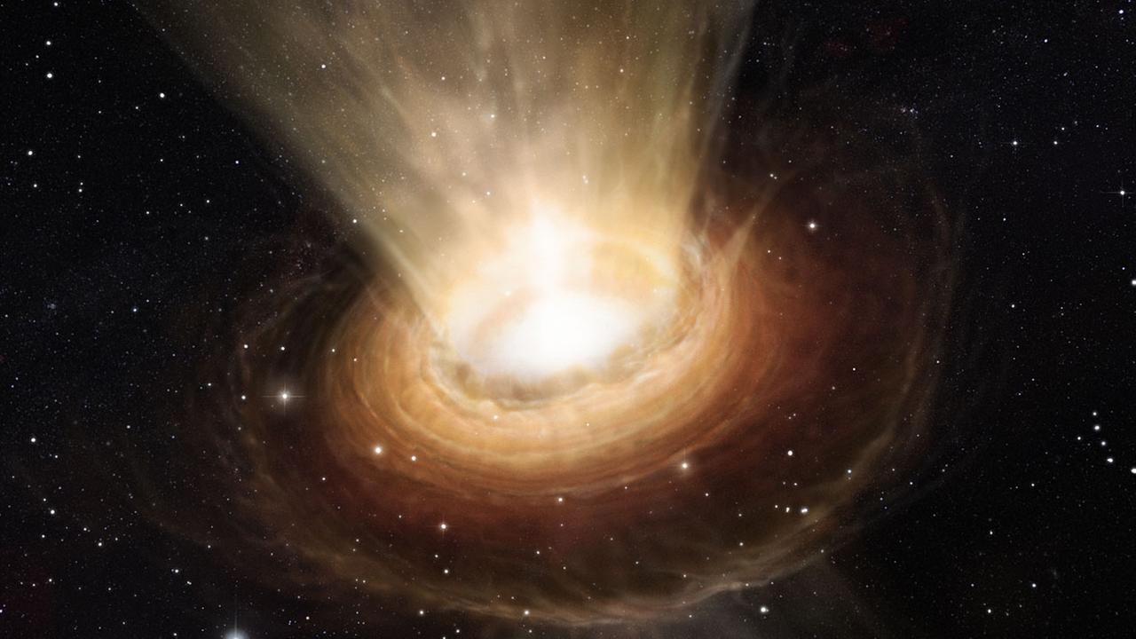 Die Illustration zeigt die Umgebung des supermassereichen Schwarzen Lochs im Herzen der aktiven Galaxie NGC 3783 im südlichen Sternbild Centaurus (der Zentaur). Die Illustration zeigt die Umgebung des supermassereichen Schwarzen Lochs im Herzen der aktiven Galaxie NGC 3783 im südlichen Sternbild Centaurus (der Zentaur).