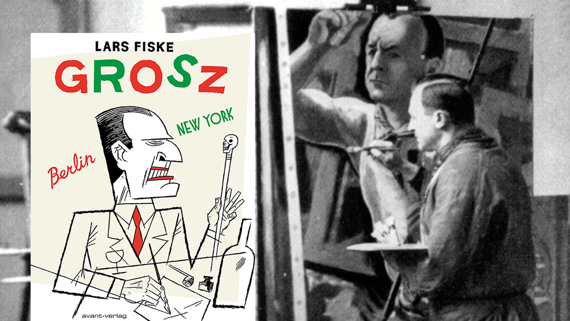 Eine Montage zeigt das das Cover von "Grosz" von Lars Fiske neben einem Foto von George Grosz in seinem Atelier Eine Montage zeigt das das Cover von "Grosz" von Lars Fiske neben einem Foto von George Grosz in seinem Atelier