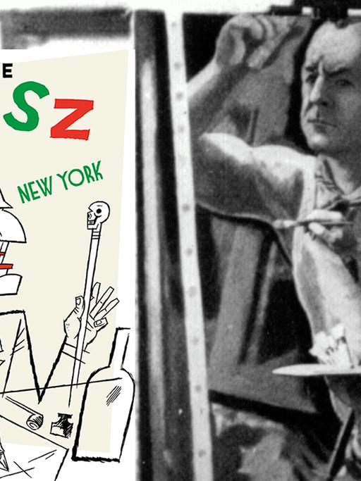 Eine Montage zeigt das das Cover von "Grosz" von Lars Fiske neben einem Foto von George Grosz in seinem Atelier