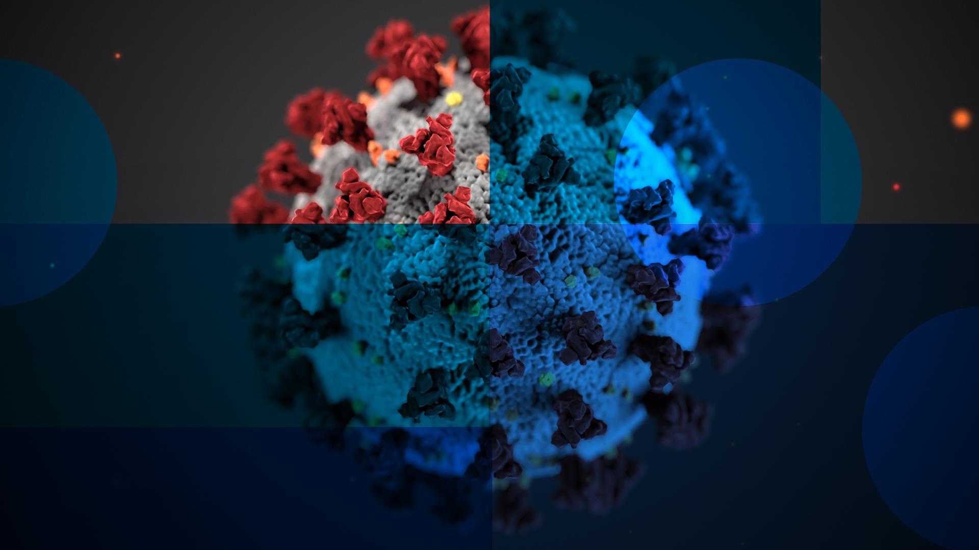 Das Bild zeigt eine Darstellung des Coronavirus. Auf dem Bild sind neben dem Virus halbdurchsichte Quadrate und Kreise in unterschiedlichen Blautönen zu erkennen. Das Bild zeigt eine Darstellung des Coronavirus. Auf dem Bild sind neben dem Virus halbdurchsichte Quadrate und Kreise in unterschiedlichen Blautönen zu erkennen.