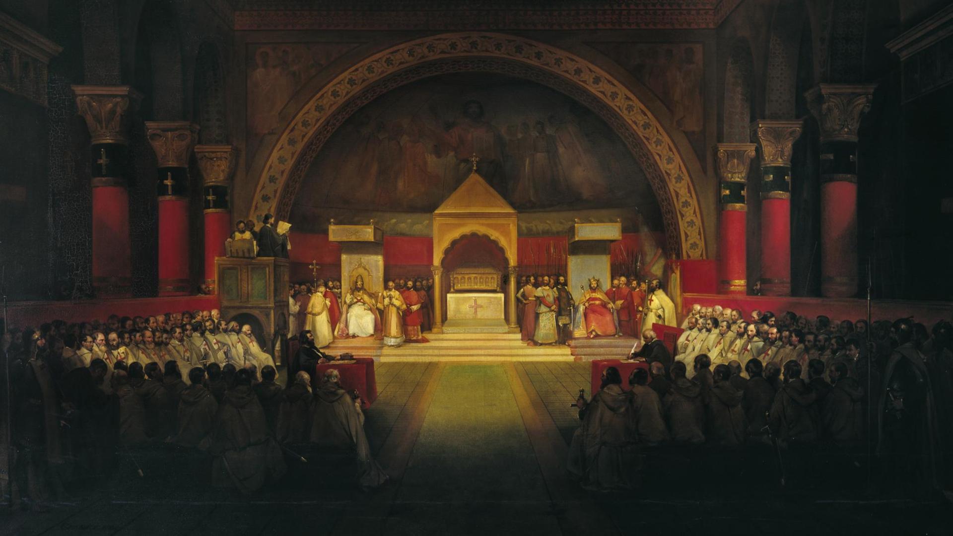 Gemälde der Kapitelversammlung derTempler. Ein sakraler Raum ist gefüllt mit Menschen. Auf dem Altar stehen verschiedene Personen in Ordenskleidung.