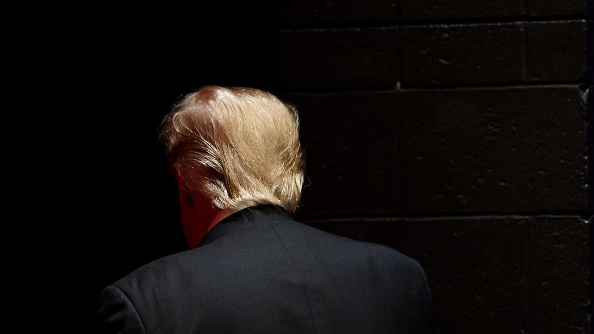 US-Präsident Donald Trump ist von hinten zu sehen - das restliche Bild ist schwarz. US-Präsident Donald Trump ist von hinten zu sehen - das restliche Bild ist schwarz.