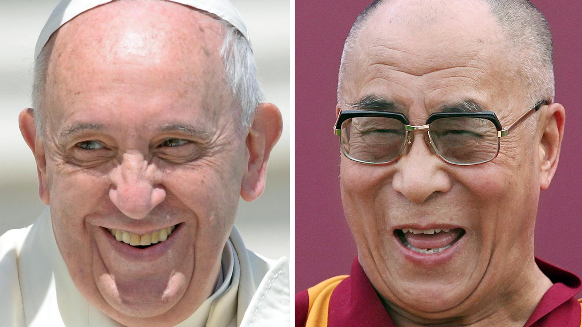 Eine Collage mit Papst Franziskus und der Dalai Lama - beide lachend Eine Collage mit Papst Franziskus und der Dalai Lama - beide lachend