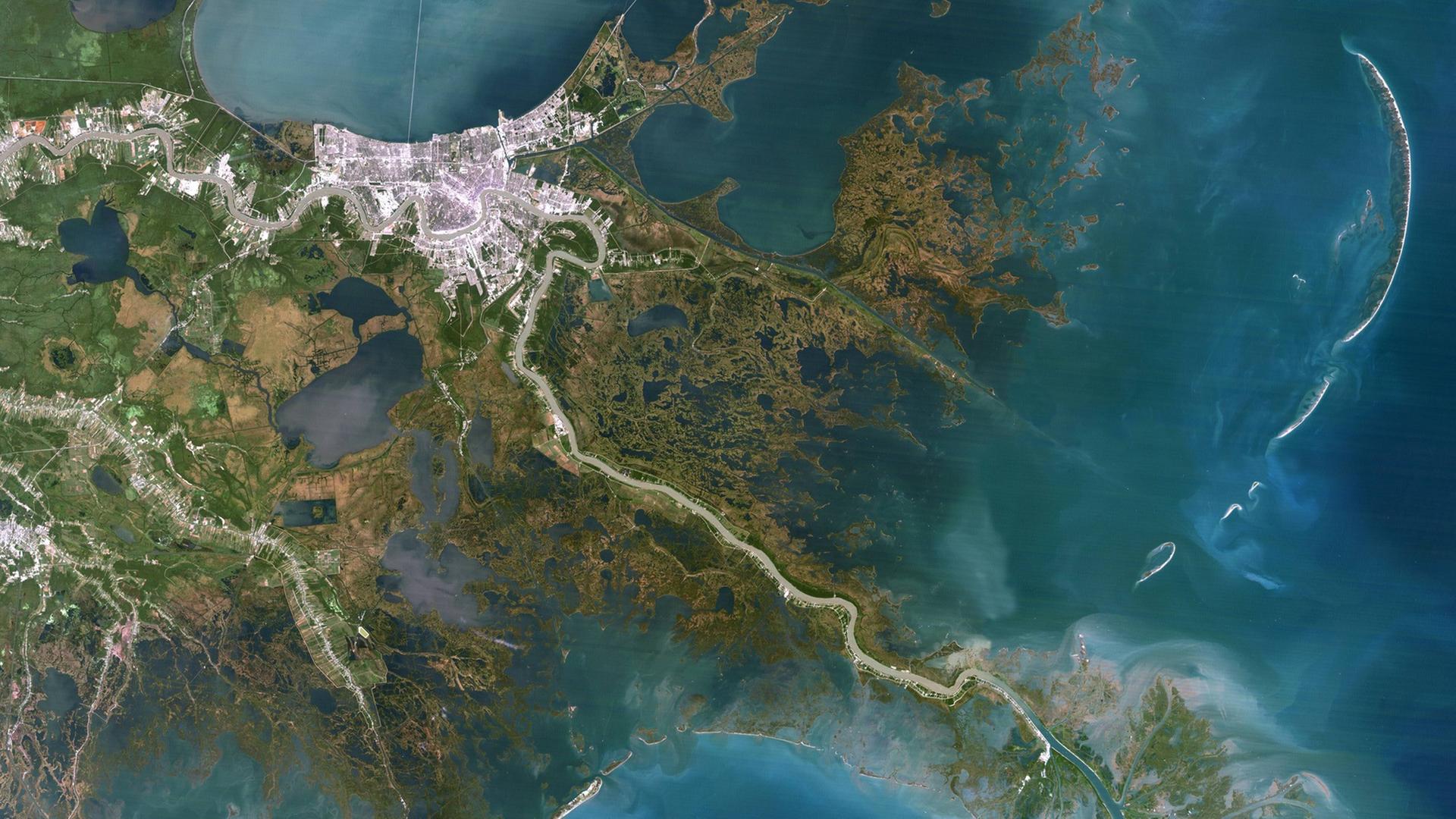 Eine Satellitenaufnahme des Mississippi-River-Deltas, Louisiana, USA Eine Satellitenaufnahme des Mississippi-River-Deltas, Louisiana, USA