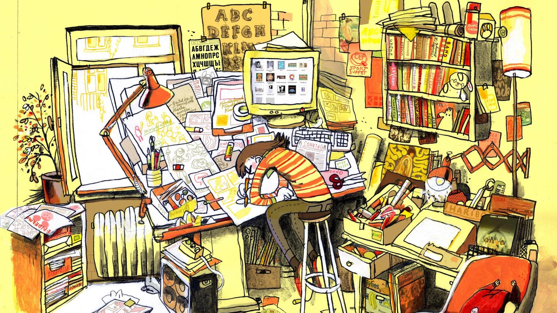 Eine Zeichnung zeigt Mawil über den Schreibttisch gebeugt in seinem vollen Atelier. Darin viele Blätter, Bücher und diverse Zeichenuntensilien. Eine Zeichnung zeigt Mawil über den Schreibttisch gebeugt in seinem vollen Atelier. Darin viele Blätter, Bücher und diverse Zeichenuntensilien.