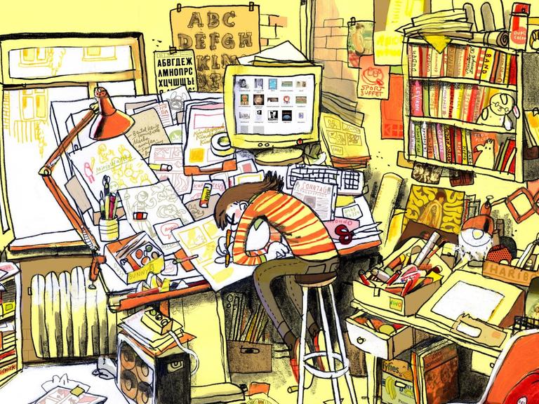 Eine Zeichnung zeigt Mawil über den Schreibttisch gebeugt in seinem vollen Atelier. Darin viele Blätter, Bücher und diverse Zeichenuntensilien.