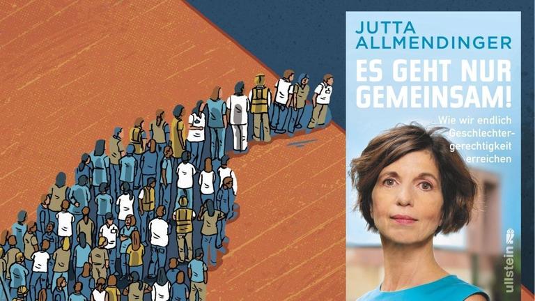 Buchcover: Jutta Allmendinger - "Es geht nur gemeinsam", Ullstein Verlag Hintergrundbild: Illustration einer Gruppe von Menschen, die sich zu einem Finger formieren