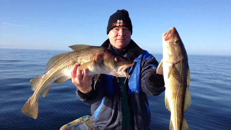 Hobbyangler Jens Thamm mit stolzen Dorsch-Fängen in der Gegend vor Wismar. Hobbyangler Jens Thamm mit stolzen Dorsch-Fängen in der Gegend vor Wismar.