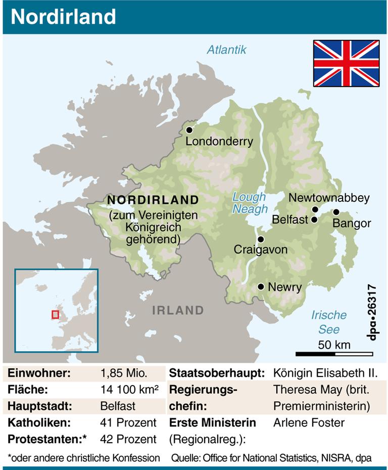 Karte von Nordirland mit wichtigsten Orten und wesentlichen Daten zum Landesteil. Karte von Nordirland mit wichtigsten Orten und wesentlichen Daten zum Landesteil.