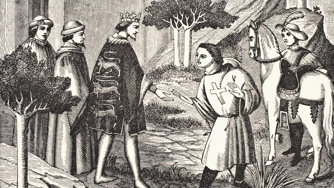 John De Mandeville - 1372 - Gefeierter englischer Reisender, der sich von König Edward III. verabschiedete, bevor er auf seine Reisen ging. Nach einer Miniatur aus der Merveilles Du Monde. Aus Wissenschaft und Literatur im Mittelalter von Paul Lacroix John De Mandeville - 1372 - Gefeierter englischer Reisender, der sich von König Edward III. verabschiedete, bevor er auf seine Reisen ging. Nach einer Miniatur aus der Merveilles Du Monde. Aus Wissenschaft und Literatur im Mittelalter von Paul Lacroix