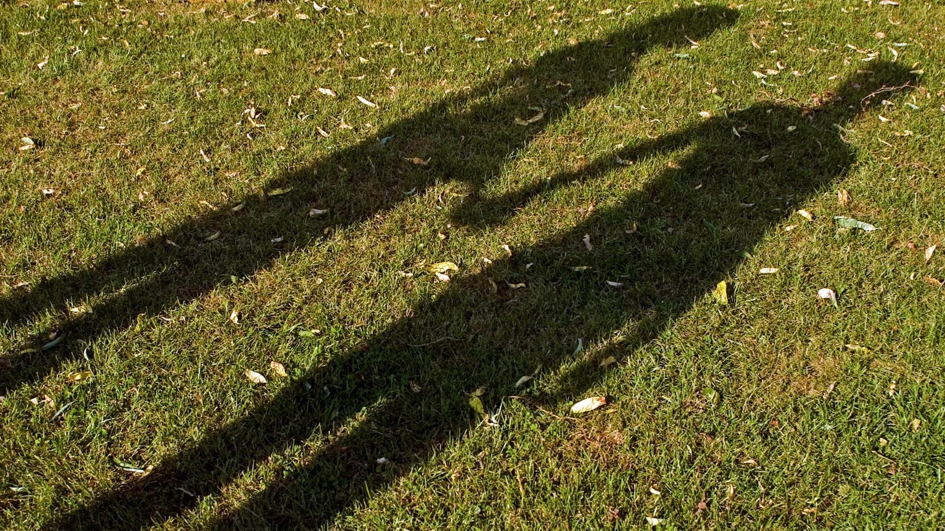 Die tiefstehende Sonne wirft die Schatten eines Paares, das sich an den Händen hält, auf einer Wiese. Die tiefstehende Sonne wirft die Schatten eines Paares, das sich an den Händen hält, auf einer Wiese.