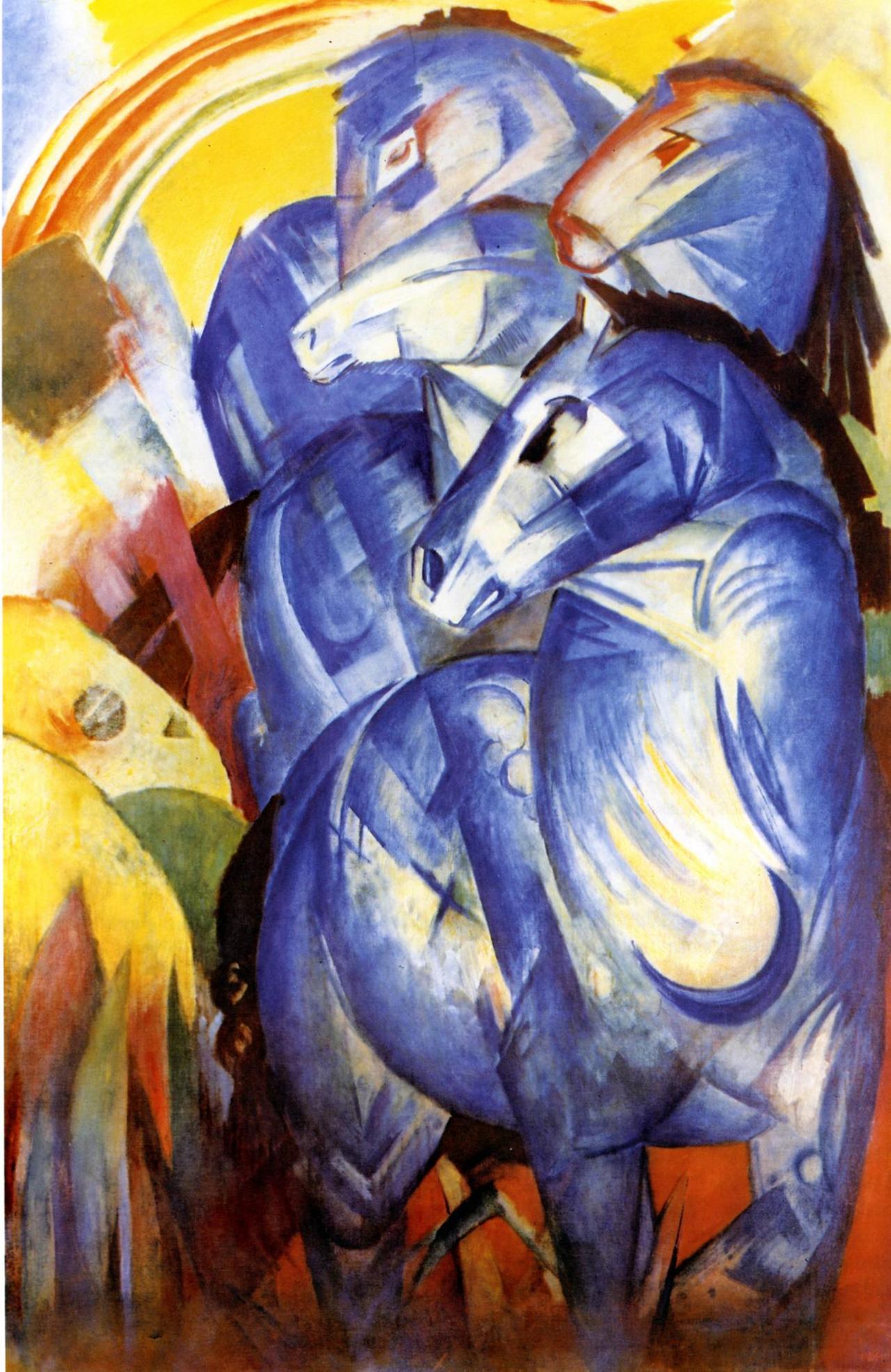 Der Turm der blauen Pferde von Franz Marc. Das Gemälde zeigt vier blaue Pferde unter einem Regenbogen (imago stock&people) Der Turm der blauen Pferde von Franz Marc. Das Gemälde zeigt vier blaue Pferde unter einem Regenbogen (imago stock&people)