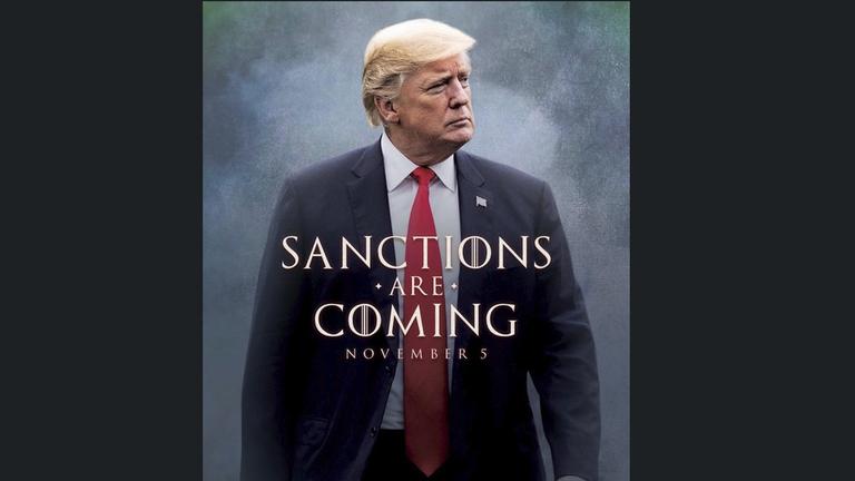 This image taken from the Twitter account of President Donald J. Trump @realDonaldTrump, shows what looks like a movie-style poster that takes creative inspiration from the TV series ?Game of Thrones? to announce the re-imposition of sanctions against Iran. Trump tweeted a photo of himself with the words ?Sanctions are Coming? Nov. 5. The U.S. sanctions on Iran had been lifted under a 2015 nuclear pact, but they are taking effect on Monday. (Donald J. Trump Twitter account via AP) |