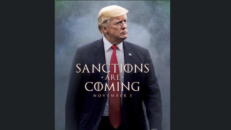 This image taken from the Twitter account of President Donald J. Trump @realDonaldTrump, shows what looks like a movie-style poster that takes creative inspiration from the TV series ?Game of Thrones? to announce the re-imposition of sanctions against Iran. Trump tweeted a photo of himself with the words ?Sanctions are Coming? Nov. 5. The U.S. sanctions on Iran had been lifted under a 2015 nuclear pact, but they are taking effect on Monday. (Donald J. Trump Twitter account via AP) | This image taken from the Twitter account of President Donald J. Trump @realDonaldTrump, shows what looks like a movie-style poster that takes creative inspiration from the TV series ?Game of Thrones? to announce the re-imposition of sanctions against Iran. Trump tweeted a photo of himself with the words ?Sanctions are Coming? Nov. 5. The U.S. sanctions on Iran had been lifted under a 2015 nuclear pact, but they are taking effect on Monday. (Donald J. Trump Twitter account via AP) |