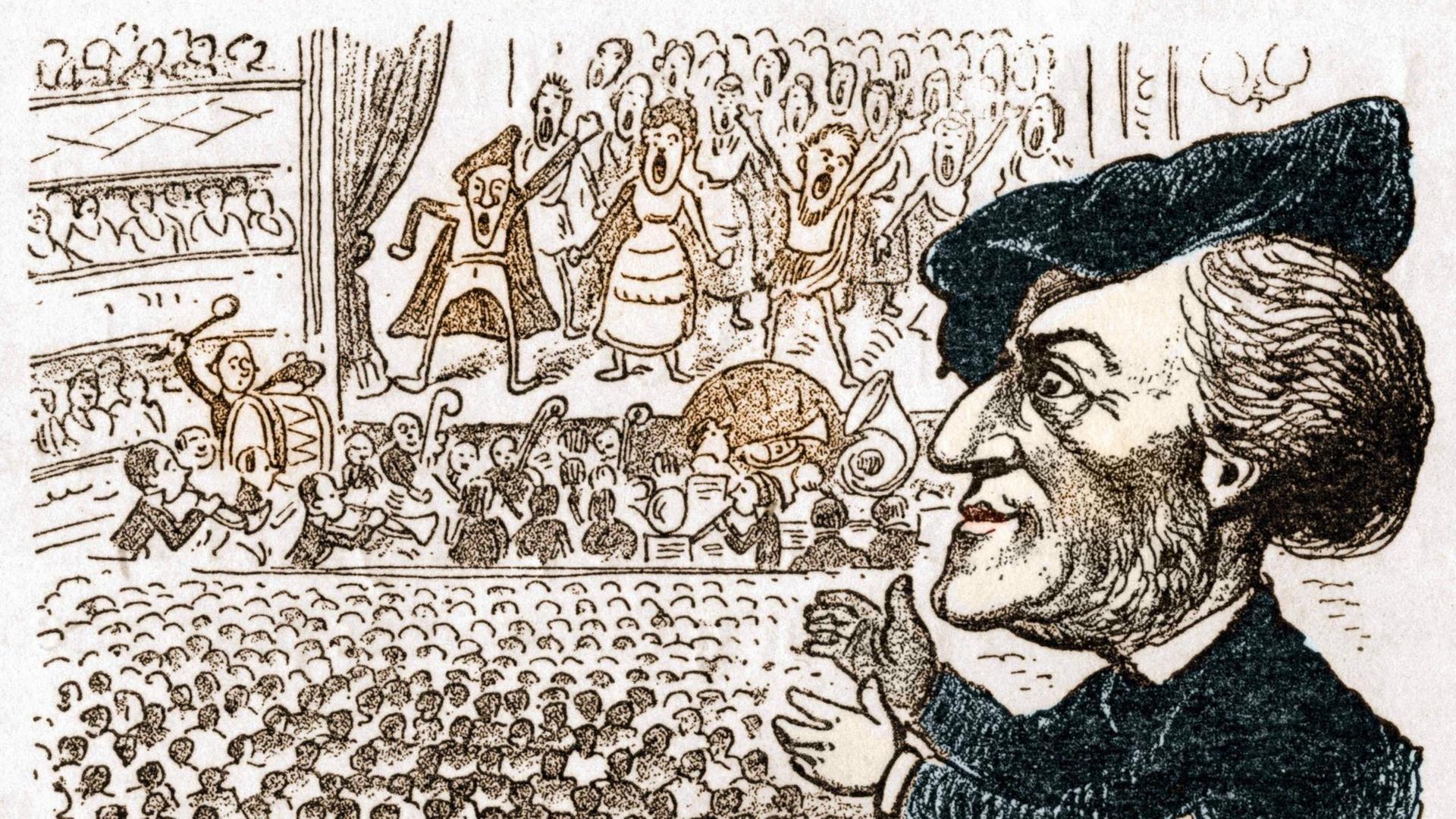 Karikatur des Komponisten Richard Wagner (1813-1883). Karikatur des Komponisten Richard Wagner (1813-1883).