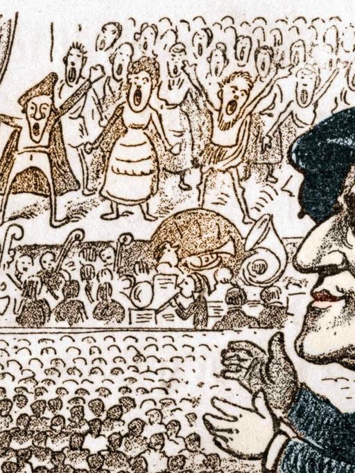Karikatur des Komponisten Richard Wagner (1813-1883).