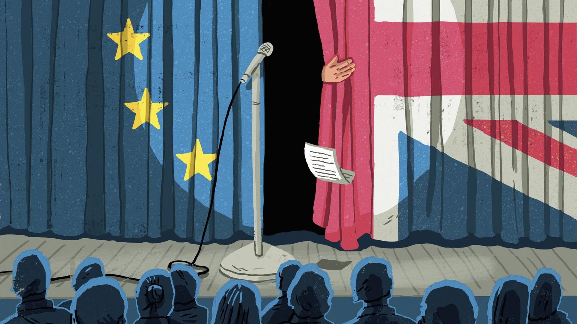 Eine Person verschwindet auf einer Bühne hinter einem Vorhang: links ist der Vorhang die europäische, rechts die britische Flagge. Eine Person verschwindet auf einer Bühne hinter einem Vorhang: links ist der Vorhang die europäische, rechts die britische Flagge.
