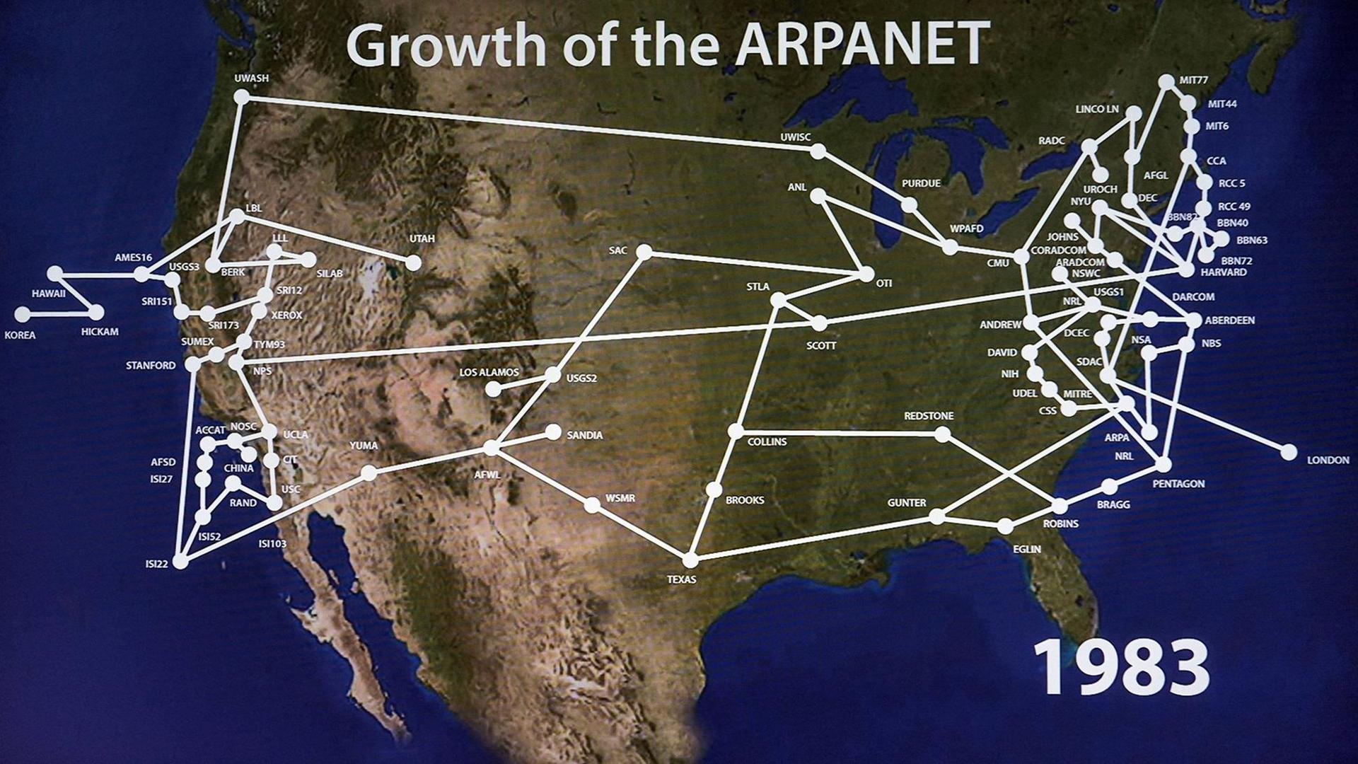 Eine Grafik über die Einrichtungen, die im Jahr 1983 über das sogenannte Arpanet verbunden waren. Es gilt als Vorläufer des Internets.