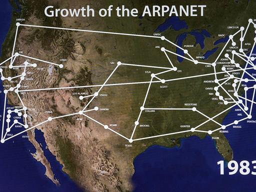 Eine Grafik über die Einrichtungen, die im Jahr 1983 über das sogenannte Arpanet verbunden waren. Es gilt als Vorläufer des Internets.