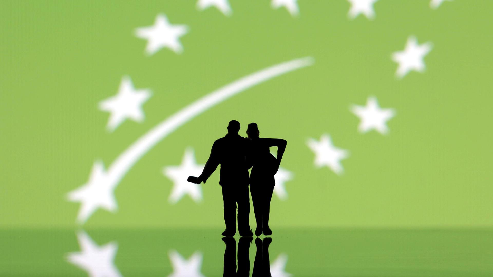 Der Schattenumriss eines Paare Arm in Arm vor dem Bio-Prüfsiegel der EU. Der Schattenumriss eines Paare Arm in Arm vor dem Bio-Prüfsiegel der EU.