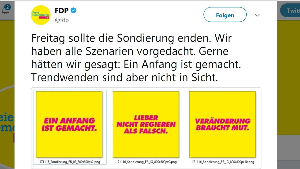 Die FDP verbreitete beim Onlinedienst Twitter folgende Botschaft: "Freitag sollte die Sondierung enden. Wir haben alle Szenarien vorgedacht. Gerne hätten wir gesagt: Ein Anfang ist gemacht. Trendwenden sind aber nicht in Sicht." Die FDP verbreitete beim Onlinedienst Twitter folgende Botschaft: "Freitag sollte die Sondierung enden. Wir haben alle Szenarien vorgedacht. Gerne hätten wir gesagt: Ein Anfang ist gemacht. Trendwenden sind aber nicht in Sicht."