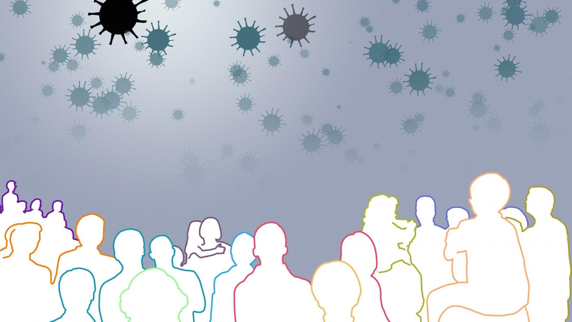 Grafische, abstrahierte Darstellung von Viren, Virengruppen und einer Menschengruppe auf weißem Hintergrund.