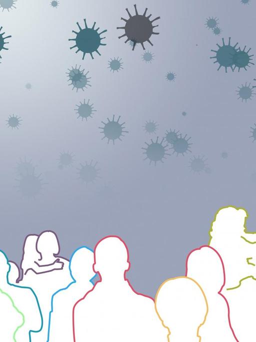 Grafische, abstrahierte Darstellung von Viren, Virengruppen und einer Menschengruppe auf weißem Hintergrund.