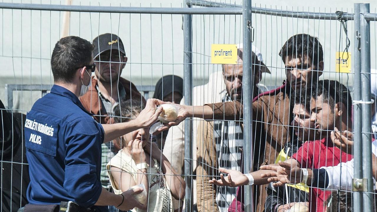 Hier reichen Polizisten Flüchtlingen das Brot durch einen Zaun Hier reichen Polizisten Flüchtlingen das Brot durch einen Zaun
