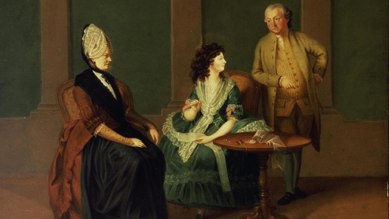 Maximiliane von La Roche mit Eltern La Roche, Maximiliane, verehel. (Pietro Antonio) Brentano, Mutter von Clemens B. u.Bettina v.Arnim, Frankfurt 1756-1793. - Familienbild. (Maximiliane mit ihren Eltern Georg Michael A.F.M. von La Roche und Sophie, geb.Gutermann). - Gemaelde, um 1773/74, von Anton Wilhelm Tischbein (1730-1804). Oel auf Holz, 35 x 42 cm. Frankfurt a.M., Goethe-Museum. E: Maximiliana von La Roche with parents La Roche, Maximiliane, married name: Brentano (Pietro Antonio), mother of Clemens B. and Bettina von Arnim, Frank- furt 1756-1793. - Family portrait (Maxi- miliana and her parents Georg Michael A.F.M. von La Roche and Sophie Gutermann - Painting, c. 1773/74, by Anton Wilhelm Tischbein (1730-1804). Oil on wood, 35 x 42 cm. Frankfurt a.M., Goethe-Museum. F: Maximiliane von La Roche et ses parents La Roche, Maximiliane, epouse (Pietro Antonio) Brentano , mere de Clemens Brentano et Bettina von Arnim , Francfort 1756-1793. - Portrait de famille (Maximiliane et ses parents Georg Michael A.F.M. von La Roche et Sophie, nee Gutermann). - Huile sur bois, v. 1773/74, d'Anton Wilhelm Tischbein (1730-1804). Francfort/M., Goethe-Museum. | Maximiliane von La Roche mit Eltern La Roche, Maximiliane, verehel. (Pietro Antonio) Brentano, Mutter von Clemens B. u.Bettina v.Arnim, Frankfurt 1756-1793. - Familienbild. (Maximiliane mit ihren Eltern Georg Michael A.F.M. von La Roche und Sophie, geb.Gutermann). - Gemaelde, um 1773/74, von Anton Wilhelm Tischbein (1730-1804). Oel auf Holz, 35 x 42 cm. Frankfurt a.M., Goethe-Museum. E: Maximiliana von La Roche with parents La Roche, Maximiliane, married name: Brentano (Pietro Antonio), mother of Clemens B. and Bettina von Arnim, Frank- furt 1756-1793. - Family portrait (Maxi- miliana and her parents Georg Michael A.F.M. von La Roche and Sophie Gutermann - Painting, c. 1773/74, by Anton Wilhelm Tischbein (1730-1804). Oil on wood, 35 x 42 cm. Frankfurt a.M., Goethe-Museum. F: Maximiliane von La Roche et ses parents La Roche, Maximiliane, epouse (Pietro Antonio) Brentano , mere de Clemens Brentano et Bettina von Arnim , Francfort 1756-1793. - Portrait de famille (Maximiliane et ses parents Georg Michael A.F.M. von La Roche et Sophie, nee Gutermann). - Huile sur bois, v. 1773/74, d'Anton Wilhelm Tischbein (1730-1804). Francfort/M., Goethe-Museum. |