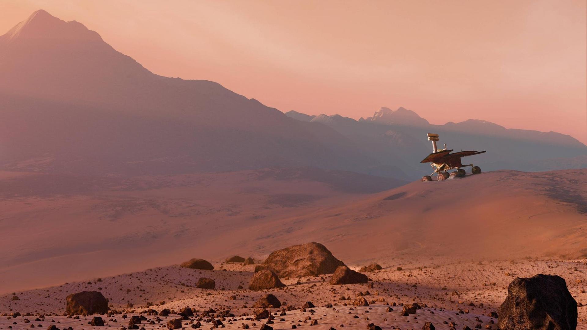 Ein Marsrover in einer hügeligen, rötlichen Landschaft. Ein Marsrover in einer hügeligen, rötlichen Landschaft.