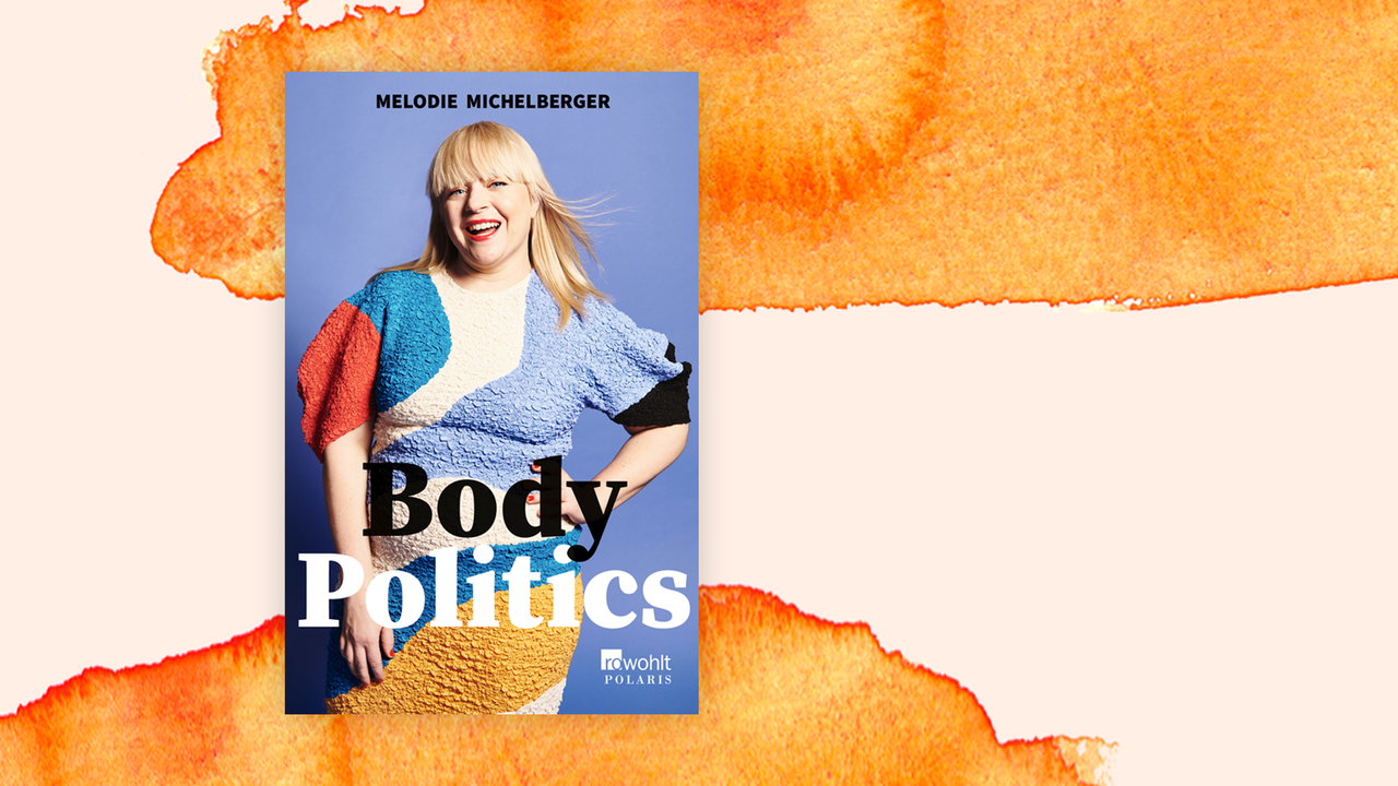 Buchcover zu "Body Politics" von Melodie Michelberger auf orangem Aquarellhintergrund. Buchcover zu "Body Politics" von Melodie Michelberger auf orangem Aquarellhintergrund.
