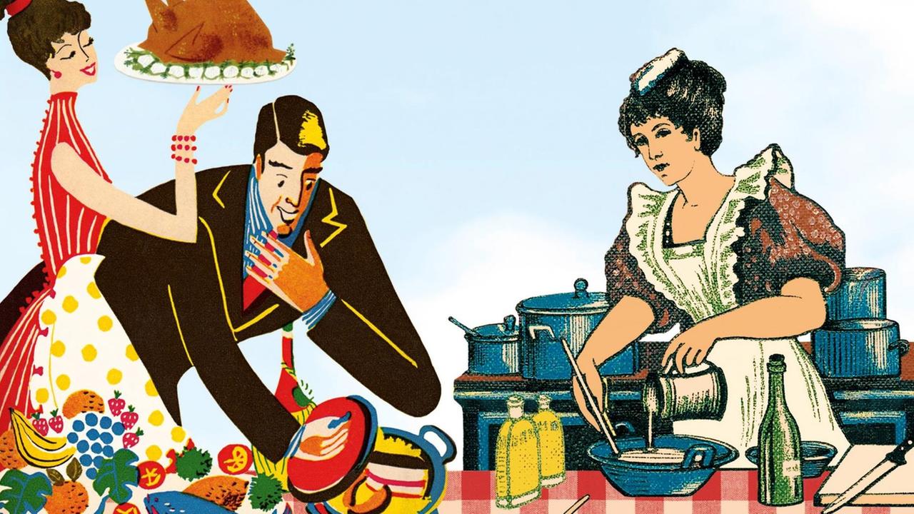 Eine Illustration zeigt zwei Damen und einen Herren in altmodischer Kleidung beim Kochen.