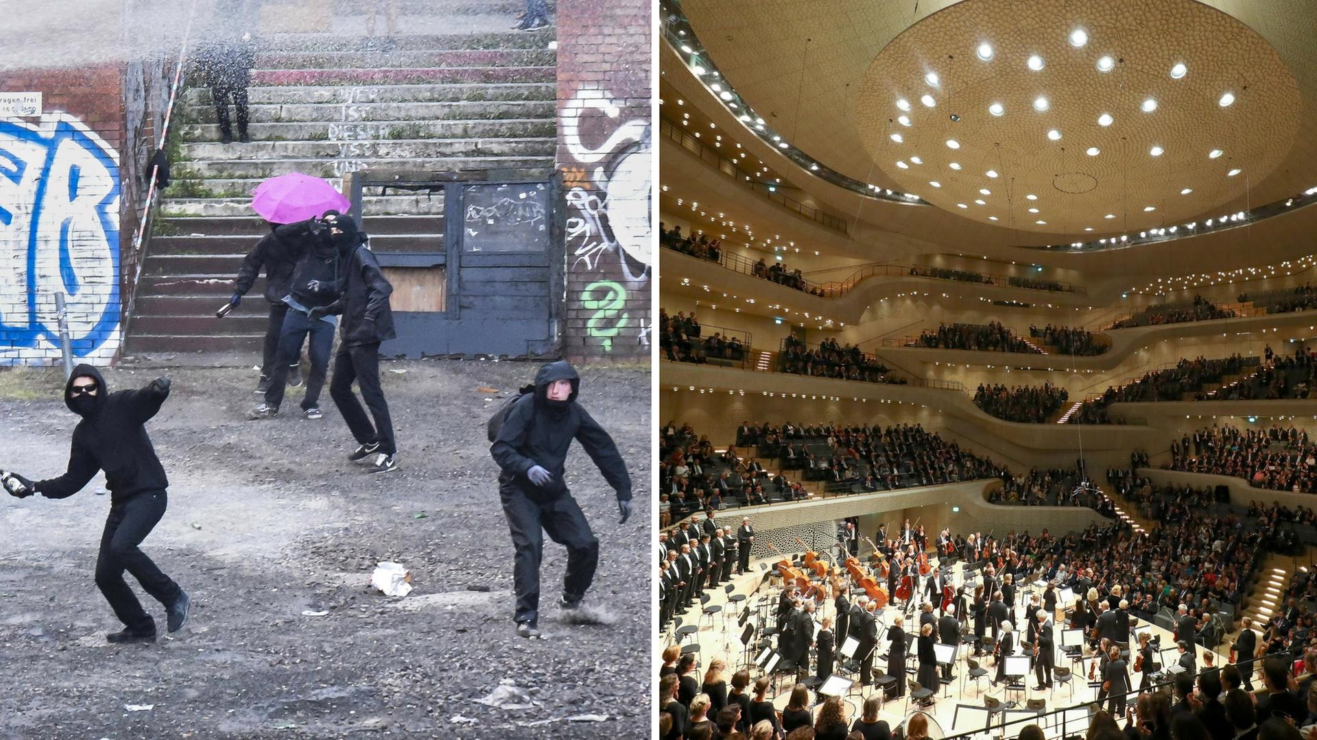 Während die Staats- und Regierungschefs der G20 in der Elbphilharmonie Beethovens "Ode an die Freude" hörten, randalierten Demonstranten auf den Straßen Hamburgs. Während die Staats- und Regierungschefs der G20 in der Elbphilharmonie Beethovens "Ode an die Freude" hörten, randalierten Demonstranten auf den Straßen Hamburgs.