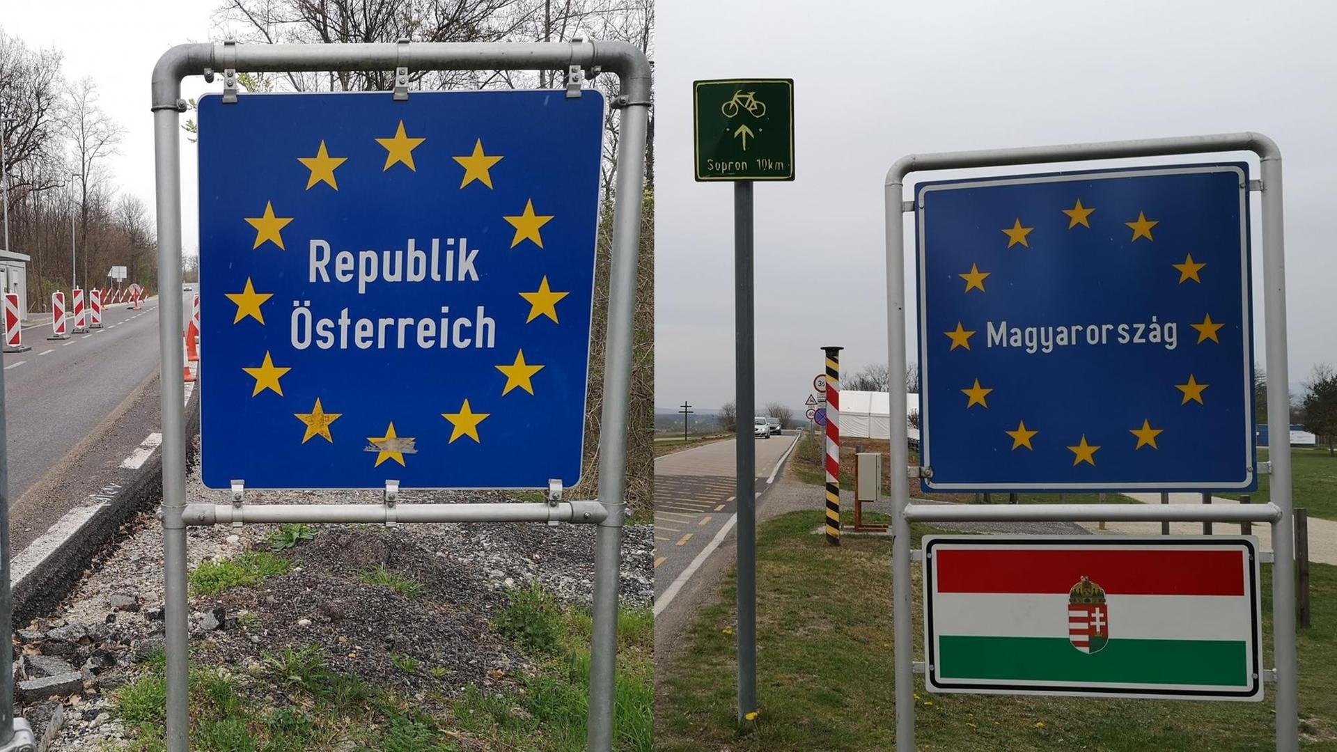 Verkehrsschilder an der Grenze von Österreich und Ungarn Verkehrsschilder an der Grenze von Österreich und Ungarn