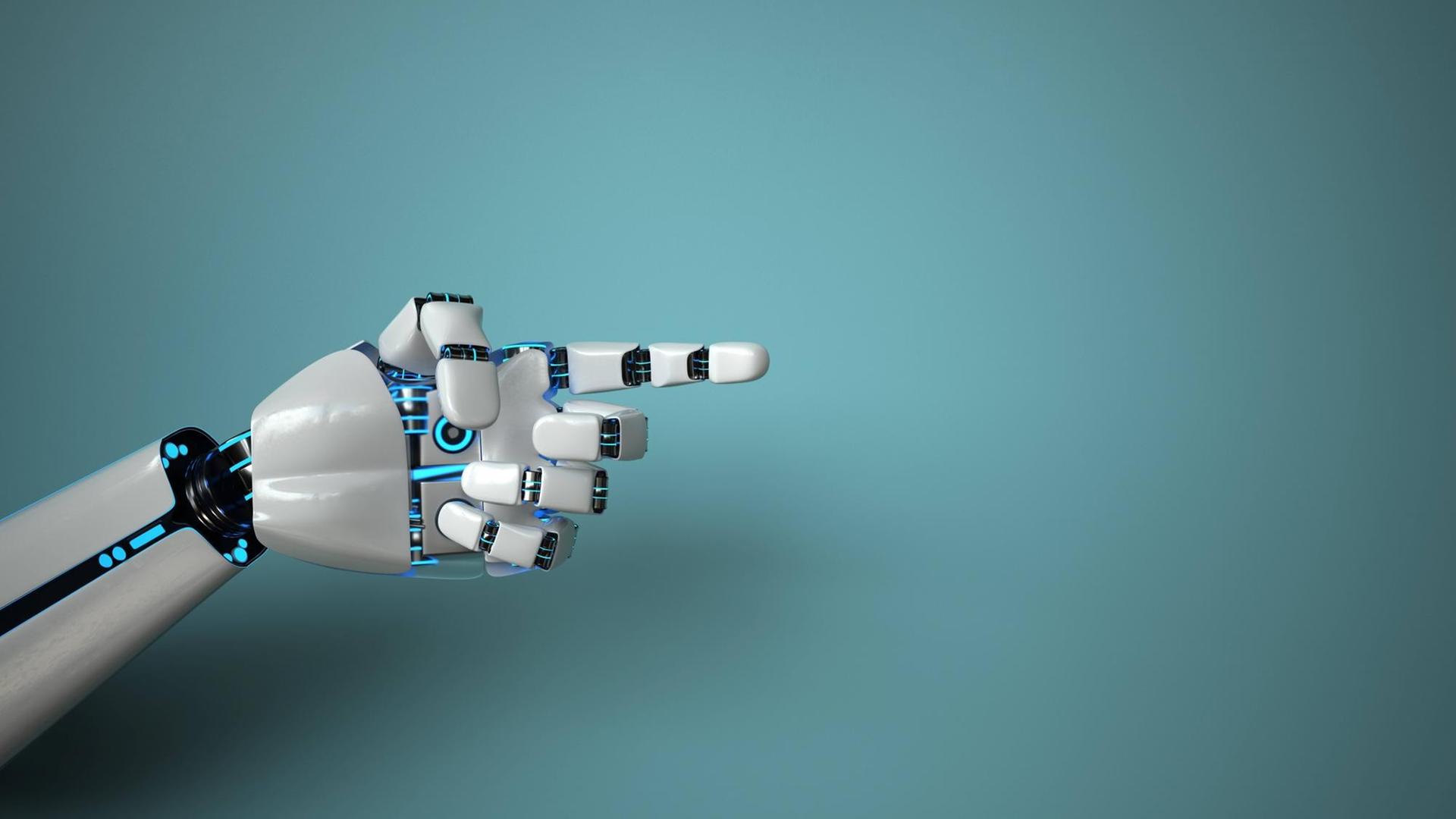 Roboterhand die vor türkisem Hintergrund nach rechts zeigt Roboterhand die vor türkisem Hintergrund nach rechts zeigt