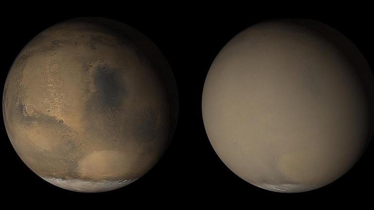 Zweimal dieselbe Marsgegend – einmal klar (links) und einmal von einem globalen Mars-Staubsturm verhüllt Zweimal dieselbe Marsgegend – einmal klar (links) und einmal von einem globalen Mars-Staubsturm verhüllt