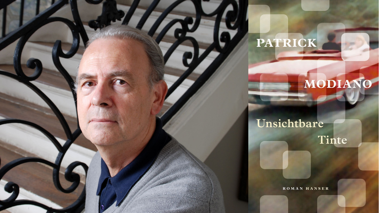 Ein Portrait des Schriftstellers Patrick Modiano und das Buchcover seines Romans "Unsichtbare Tinte"