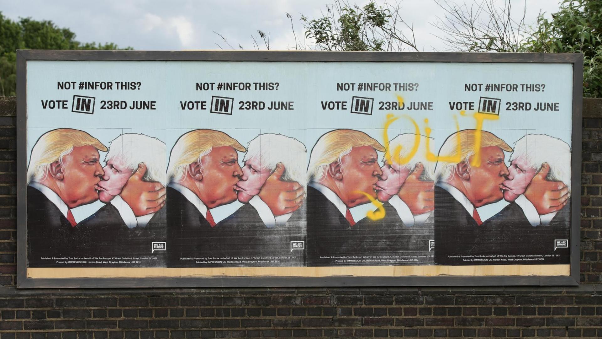 Das Foto zeigt Werbeplakate für den Verbleib in der EU vor drei Jahren, kurz vor dem Brexit-Referendum in Großbritannien. Das Foto zeigt Werbeplakate für den Verbleib in der EU vor drei Jahren, kurz vor dem Brexit-Referendum in Großbritannien.