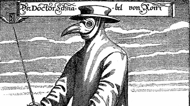 Historische Zeichnung aus dem 19. Jahrhundert: Pestarzt Doktor Schnabel von Rom 1656 mit Schnabelmaske mit Kräutern und Stock