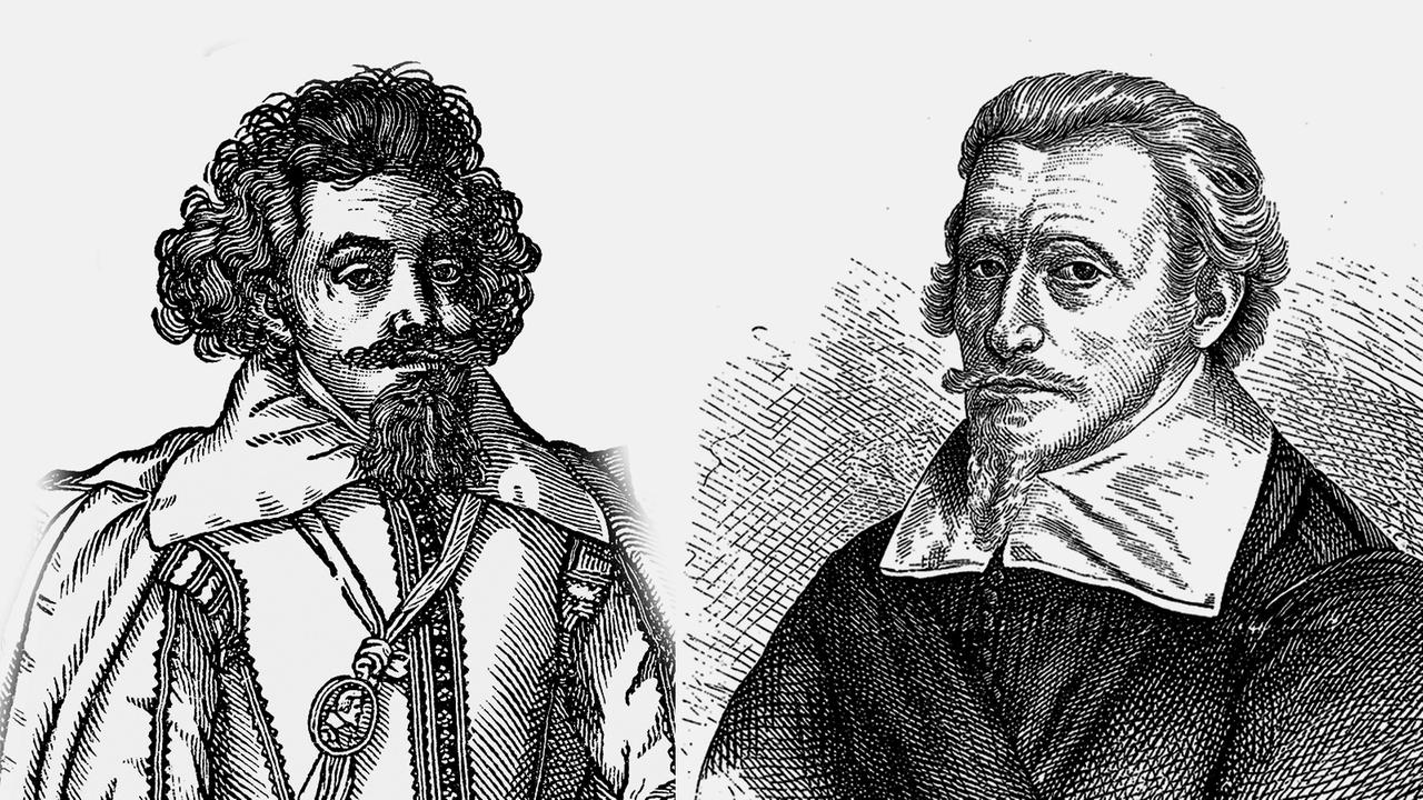 Gegenüberstellung von 2 historischen Zeichnungen, die die Komponisten Michael Praetorius sowie Heinrich Schütz zeigen. Gegenüberstellung von 2 historischen Zeichnungen, die die Komponisten Michael Praetorius sowie Heinrich Schütz zeigen.