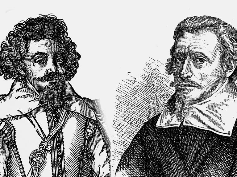 Gegenüberstellung von 2 historischen Zeichnungen, die die Komponisten Michael Praetorius sowie Heinrich Schütz zeigen.