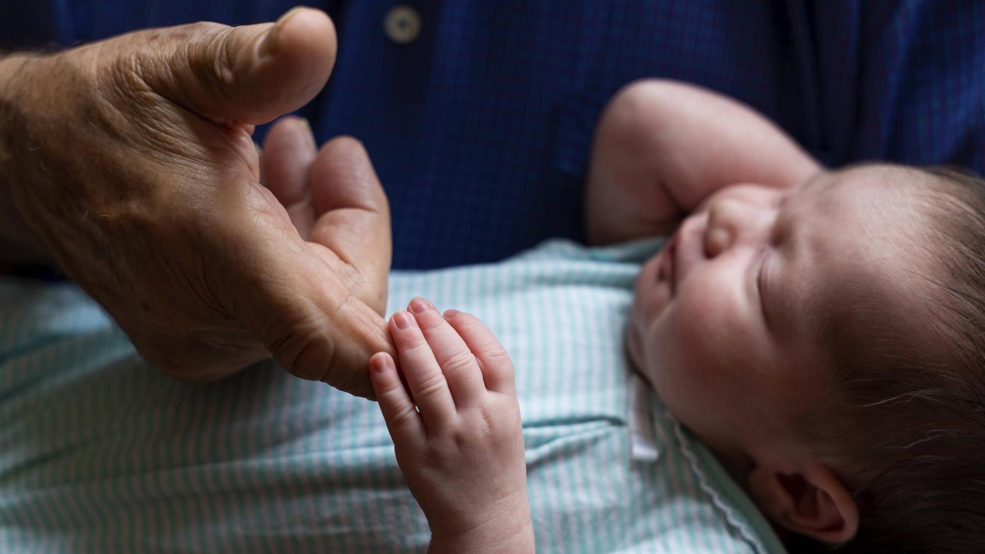 Ein neugeborenes Baby hält mit seiner kleinen Hand den Finger eines Grossvaters. Ein neugeborenes Baby hält mit seiner kleinen Hand den Finger eines Grossvaters.