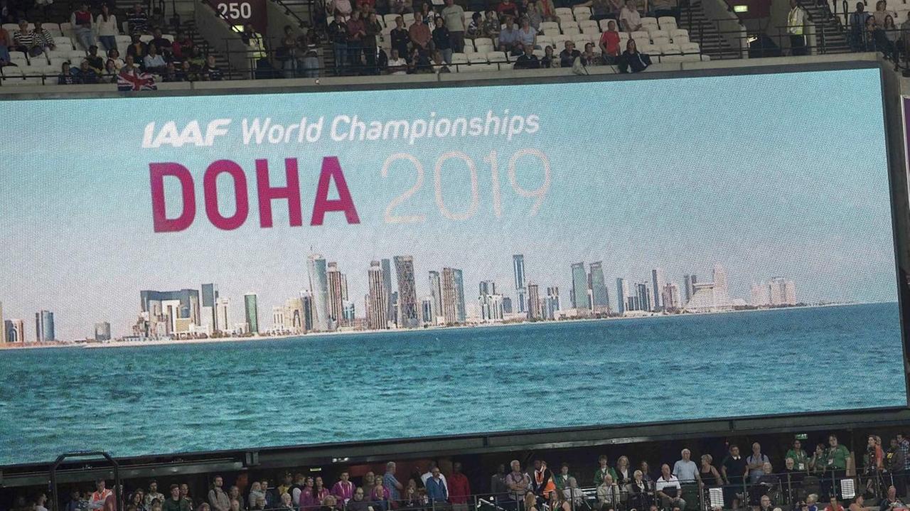 Werbung für die WM 2019 in Doha/Katar während der WM 2017 in London/Großbritannien Werbung für die WM 2019 in Doha/Katar während der WM 2017 in London/Großbritannien