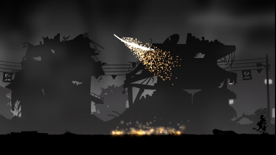 Screenshot aus "Liyla and the Shadows of War": Schwarze Strichmännchen fliehen vor der Kulisse einer zerstörten Stadt vor einer Phophorexplosion