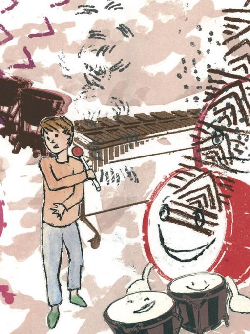 Die Illustration der Zeichnerin Lara Faroqhi zeigt die Trommel Rapauke und einen Jungen, der auf ihr spielt.