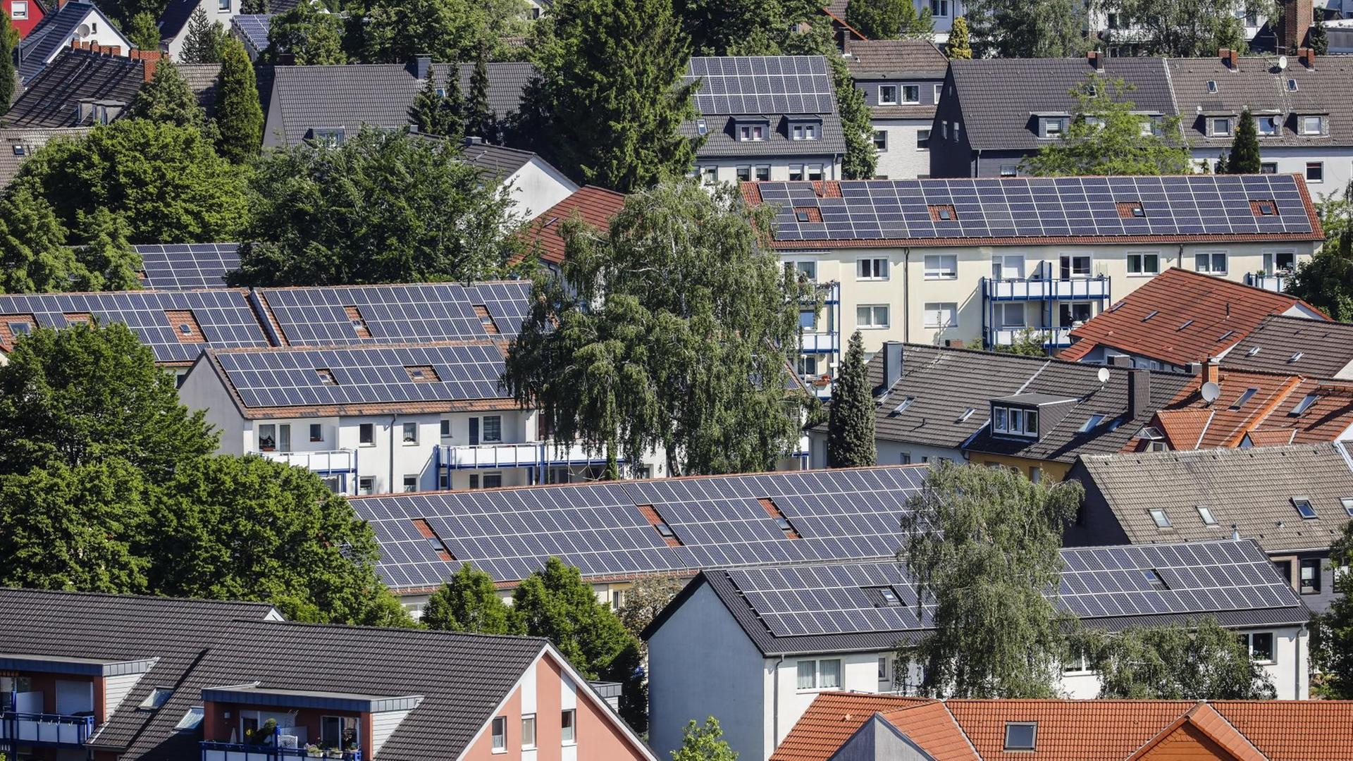 Mehrfamilienhäuser mit Solardächern in Bottrop, Nordrhein-Westfalen.