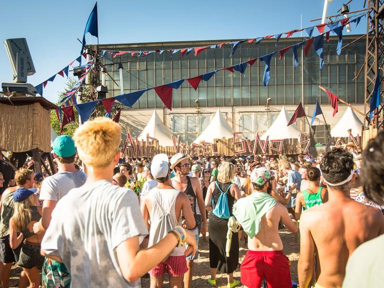 Besucher des Melt!-Festivals schauen auf die Bühne.